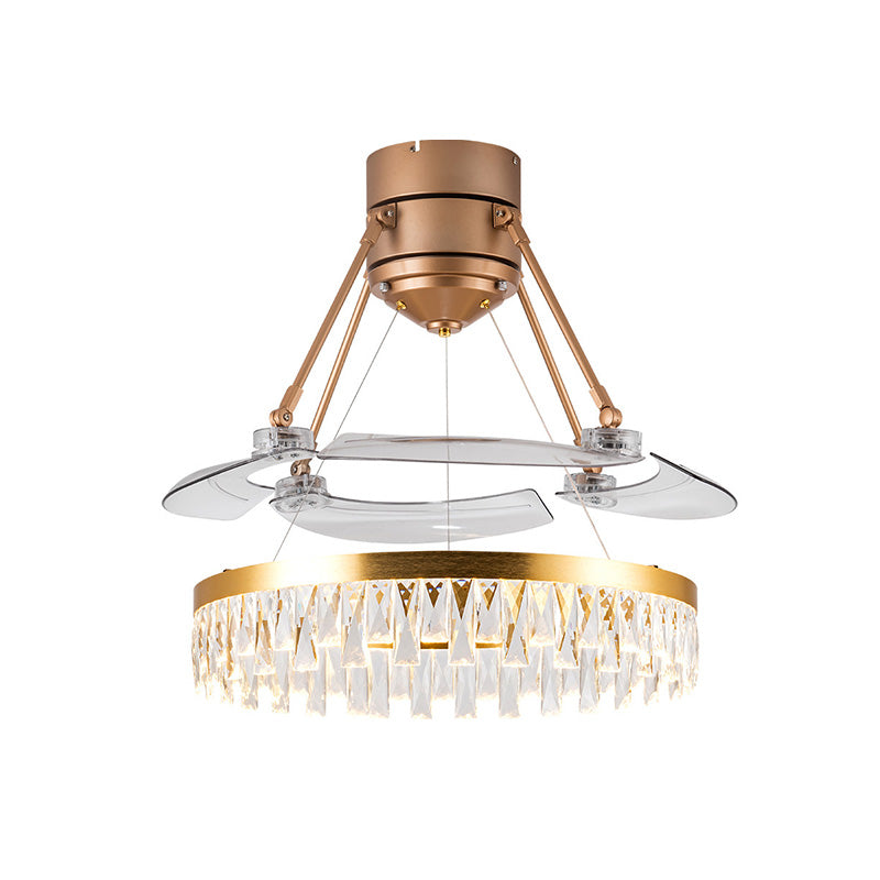 Crystal Prism Gold LED Fan Light Circular 3-Blade Postmodern Style Semi Flush Mount Ceiling Light, 48