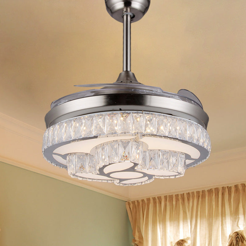 Crystal Petals Ceiling Fan Lamp Modern 3 Blades Living Room LED Semi Mount Lighting in Nickel, 42.5