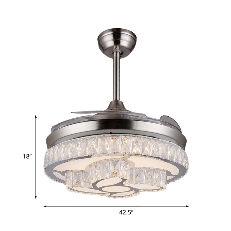 Crystal Petals Ceiling Fan Lamp Modern 3 Blades Living Room LED Semi Mount Lighting in Nickel, 42.5