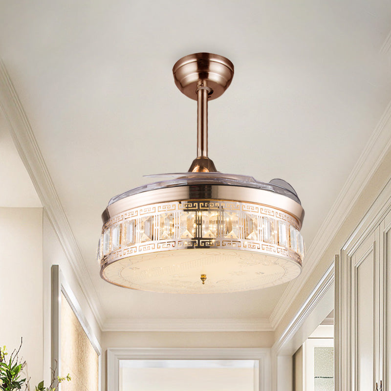 Drum Beveled Crystal Semi Flush Fan Light Simple Dining Room 3-Blade LED Close to Ceiling Lamp in Gold, 42.5
