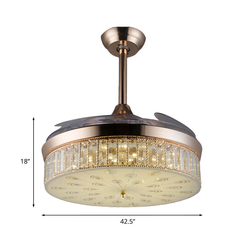 Modern Round Flush Ceiling Fan 3 Blades Crystal LED Semi Flush Mount Lighting in Gold, 42.5