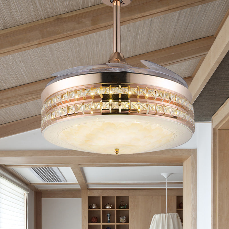 3 Blades LED Flush Mount Ceiling Fan Simple Bedroom Semi Flush with Drum Crystal Inlaid Shade in Gold, 42.5