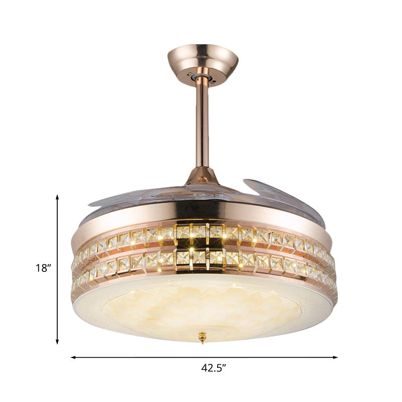 3 Blades LED Flush Mount Ceiling Fan Simple Bedroom Semi Flush with Drum Crystal Inlaid Shade in Gold, 42.5