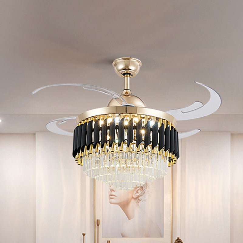 Prismatic Crystal Black-Gold Fan Light Layered Tapered Postmodern LED Semi Mount Lighting with 4 Blades, 47