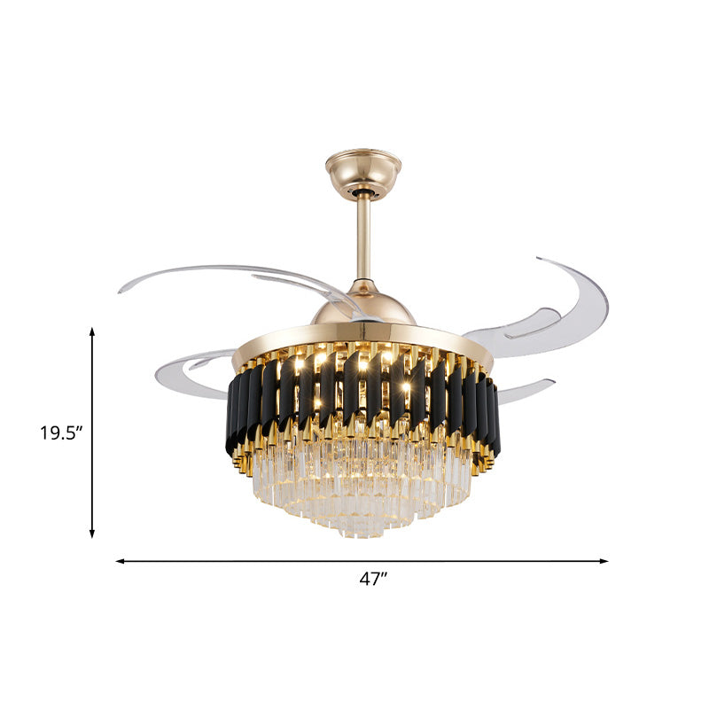 Prismatic Crystal Black-Gold Fan Light Layered Tapered Postmodern LED Semi Mount Lighting with 4 Blades, 47