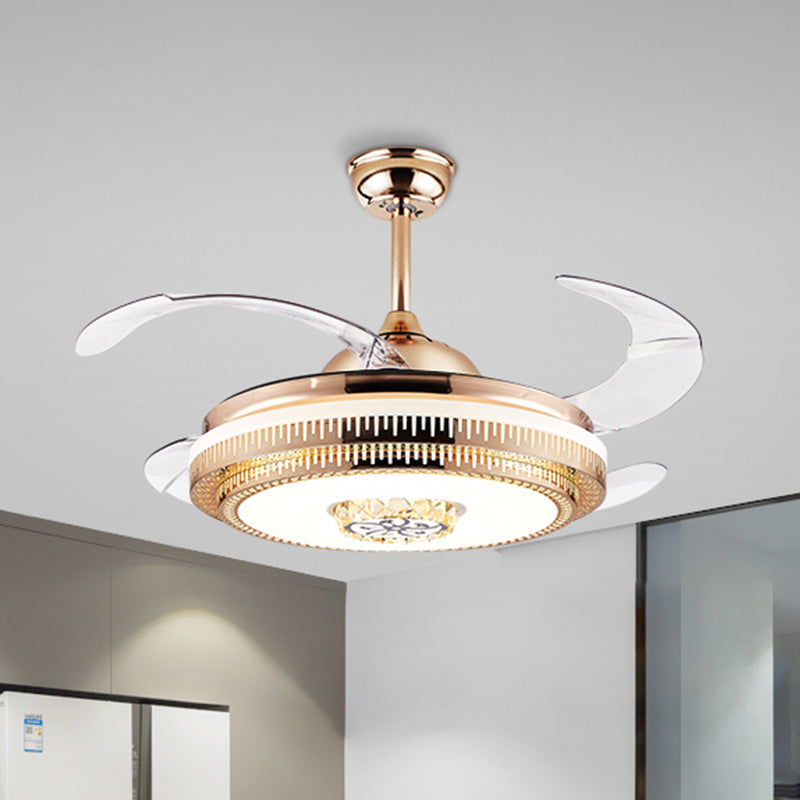 Circular Living Room Fan Lighting Modernism Crystal 4-Blade Gold LED Semi Flush Ceiling Light, 42