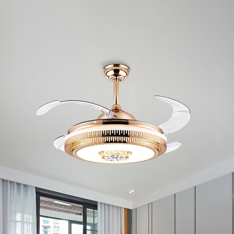 Circular Living Room Fan Lighting Modernism Crystal 4-Blade Gold LED Semi Flush Ceiling Light, 42