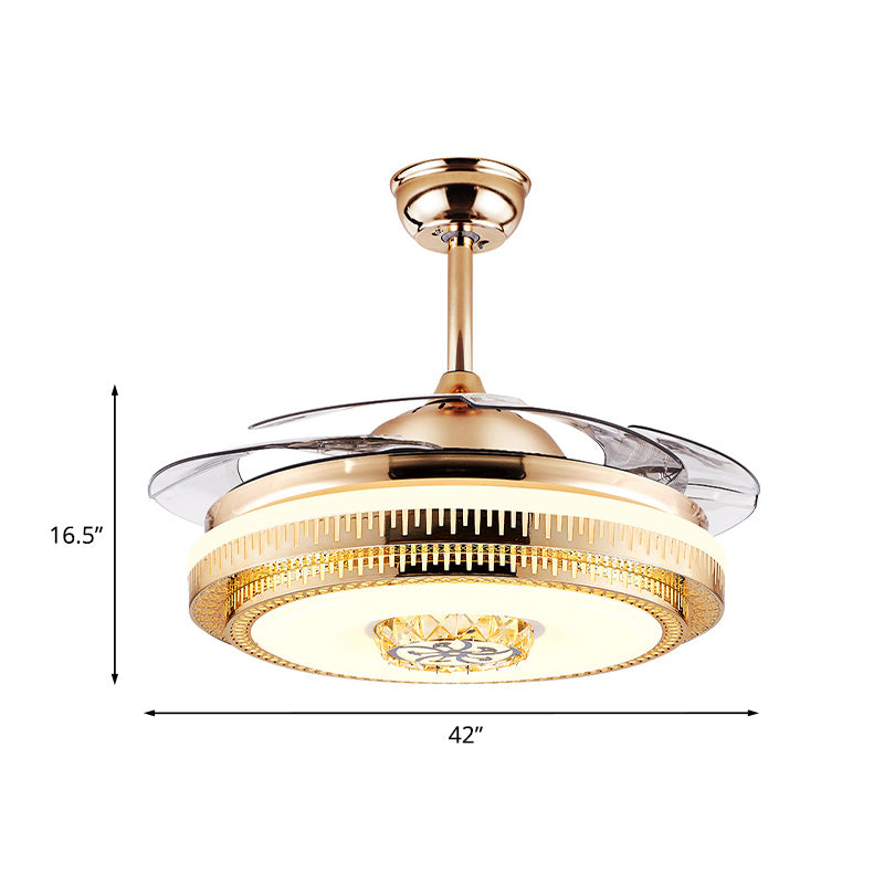 Circular Living Room Fan Lighting Modernism Crystal 4-Blade Gold LED Semi Flush Ceiling Light, 42