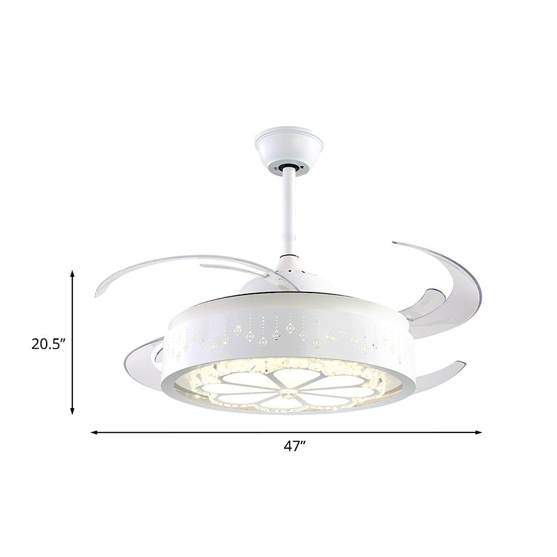 4-Blade Crystal LED Fan Light Fixture Nordic White Floral Living Room Semi Flush Ceiling Light, 47