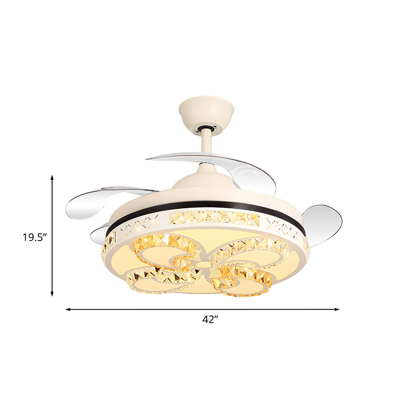 Matte White LED Semi Flush Mount Nordic Crystal Butterfly Flush Mount Ceiling Fan Light with 4-Blade, 42