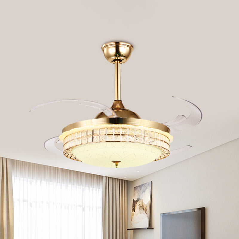 Crystal Bowl Ceiling Fan Lamp Simplicity 4 Blades Bedroom LED Semi Flush Light in Gold, 47