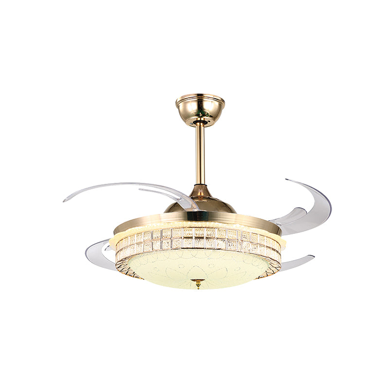 Crystal Bowl Ceiling Fan Lamp Simplicity 4 Blades Bedroom LED Semi Flush Light in Gold, 47