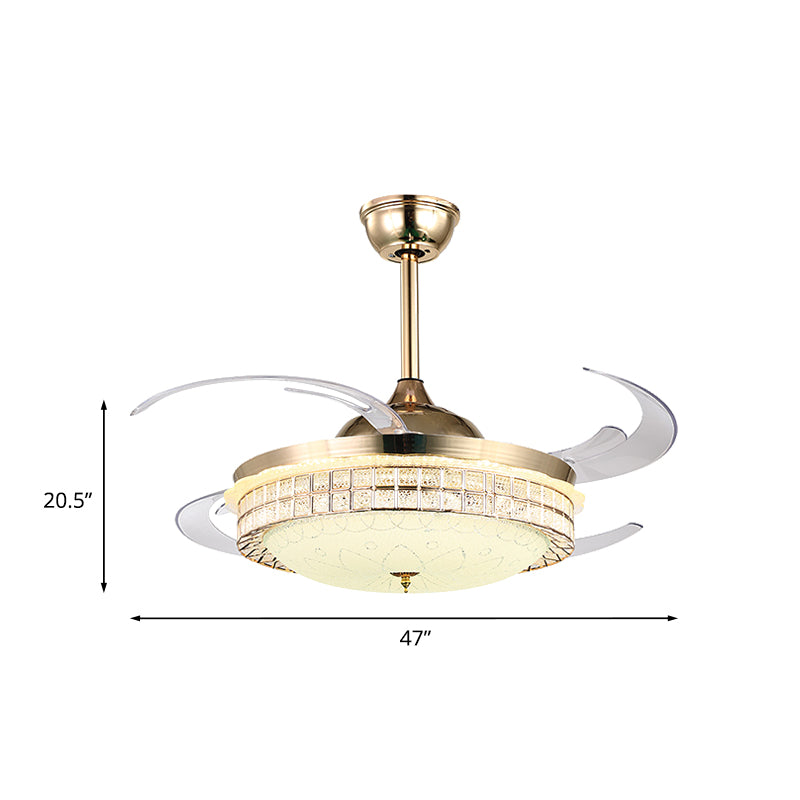 Crystal Bowl Ceiling Fan Lamp Simplicity 4 Blades Bedroom LED Semi Flush Light in Gold, 47