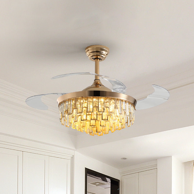 Multi-Layer Crystal Rectangle Semi Flush Postmodern 3-Blade Dining Room LED Ceiling Fan Light in Gold, 42