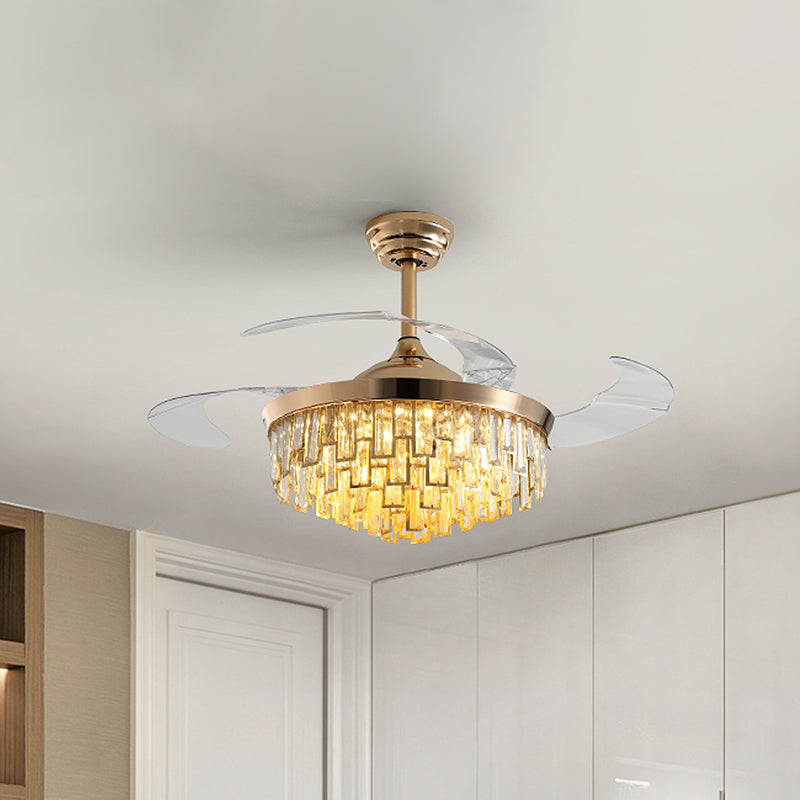 Multi-Layer Crystal Rectangle Semi Flush Postmodern 3-Blade Dining Room LED Ceiling Fan Light in Gold, 42