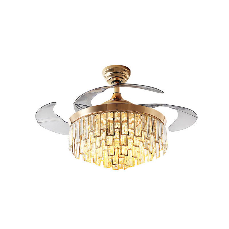 Multi-Layer Crystal Rectangle Semi Flush Postmodern 3-Blade Dining Room LED Ceiling Fan Light in Gold, 42