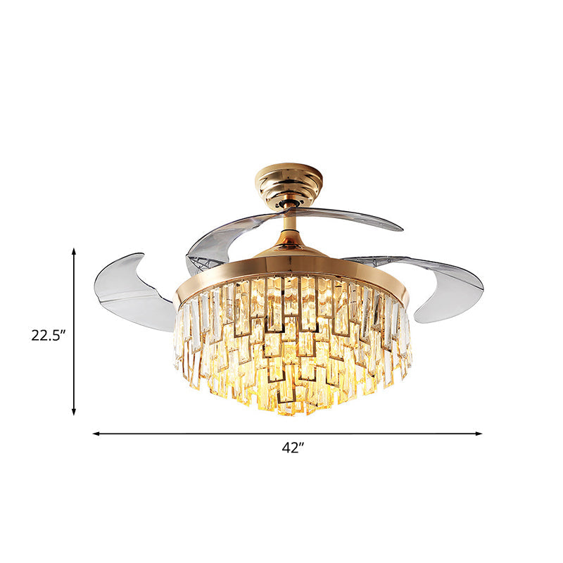 Multi-Layer Crystal Rectangle Semi Flush Postmodern 3-Blade Dining Room LED Ceiling Fan Light in Gold, 42