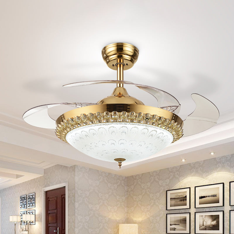 3-Blade LED Fan Light Fixture Minimalist Living Room Semi Flush Ceiling Light with Bowl Crystal Shade, 42.5