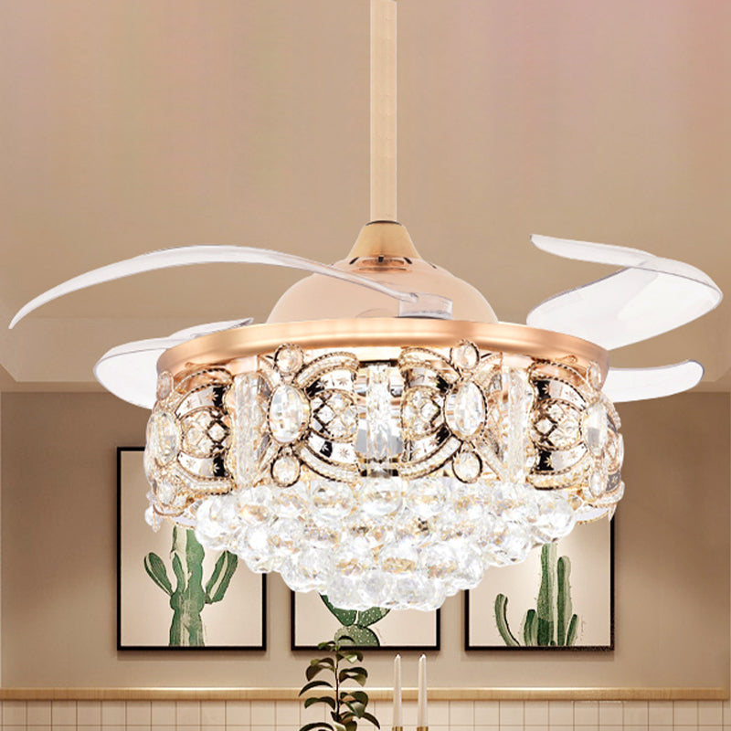 Gold Conical Ceiling Fan Light Modernism Crystal 3-Blade Hotel LED Semi Mount Lighting, 42.5