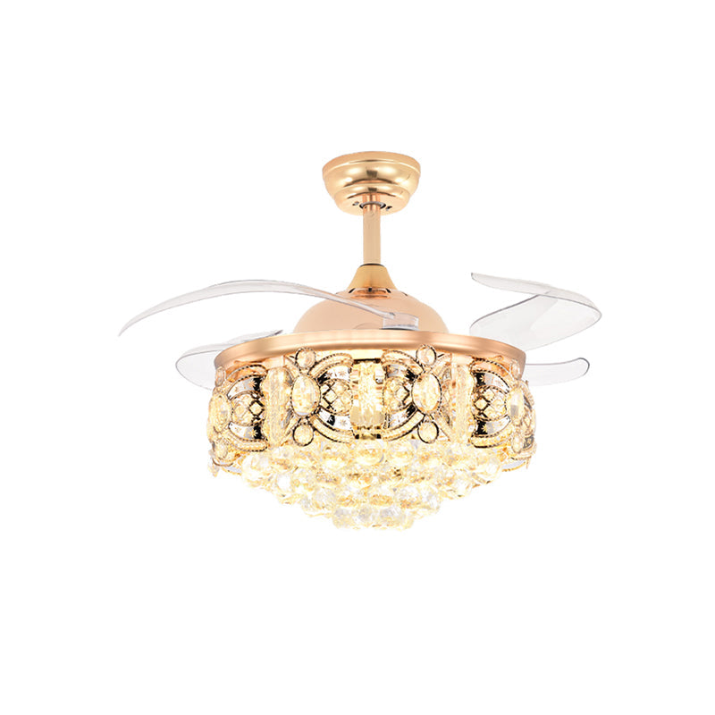 Gold Conical Ceiling Fan Light Modernism Crystal 3-Blade Hotel LED Semi Mount Lighting, 42.5