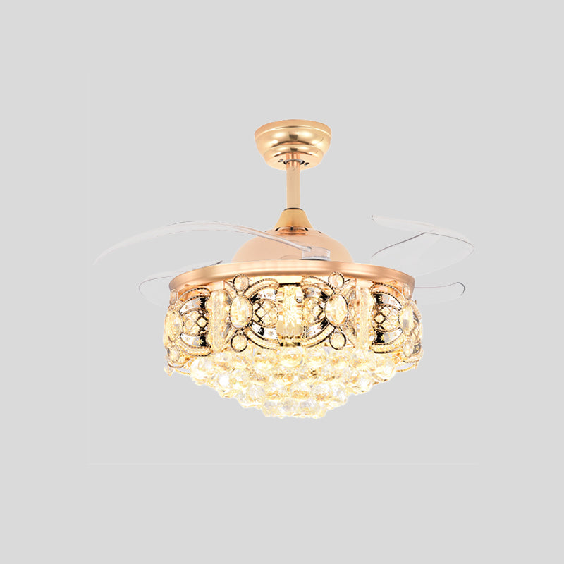 Gold Conical Ceiling Fan Light Modernism Crystal 3-Blade Hotel LED Semi Mount Lighting, 42.5