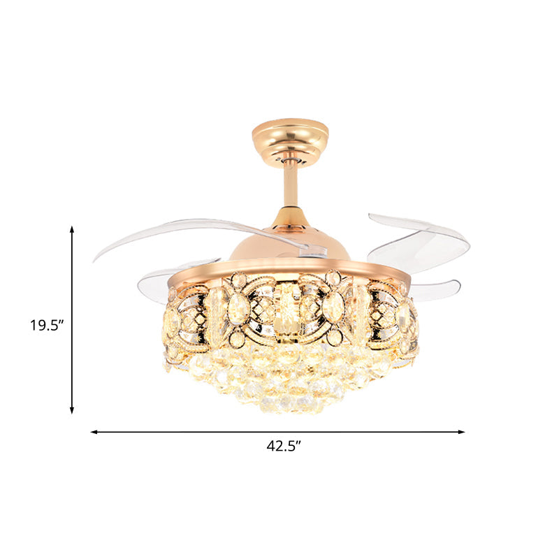 Gold Conical Ceiling Fan Light Modernism Crystal 3-Blade Hotel LED Semi Mount Lighting, 42.5