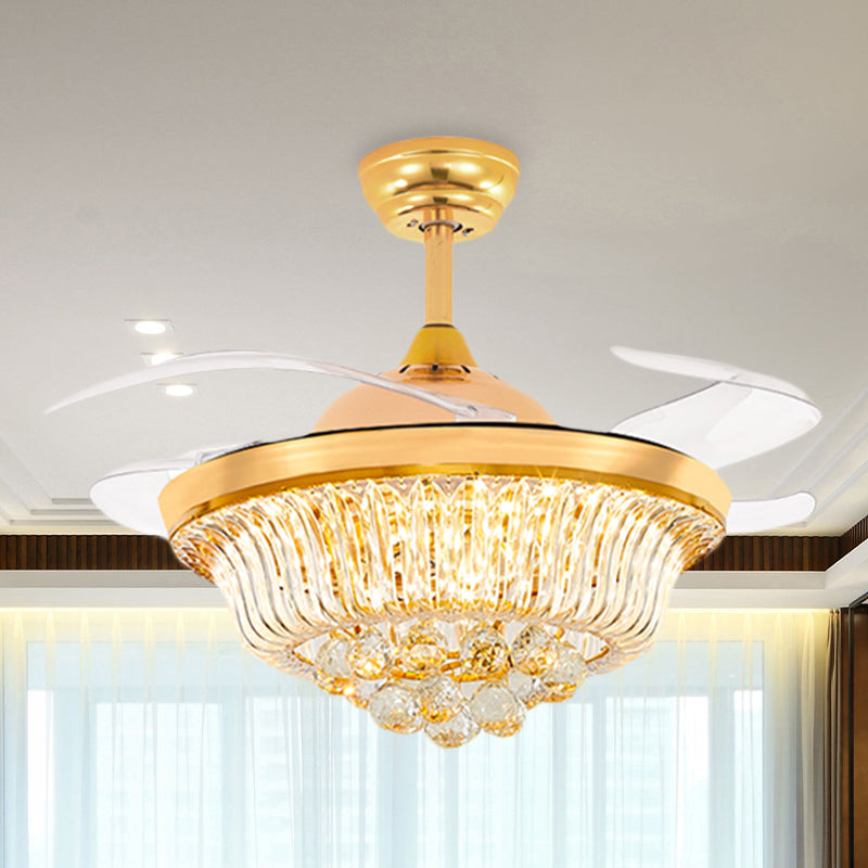 4 Blades Taper LED Flush Ceiling Fan Modern Gold Crystal Semi Flush Mounted Lamp, 42.5