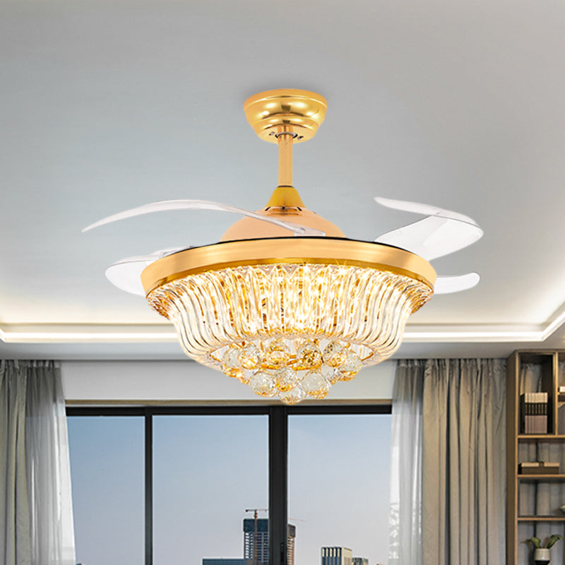 4 Blades Taper LED Flush Ceiling Fan Modern Gold Crystal Semi Flush Mounted Lamp, 42.5