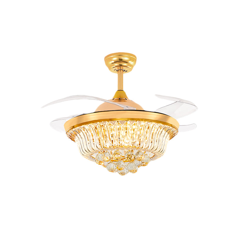 4 Blades Taper LED Flush Ceiling Fan Modern Gold Crystal Semi Flush Mounted Lamp, 42.5