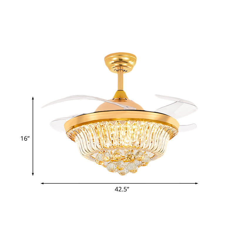 4 Blades Taper LED Flush Ceiling Fan Modern Gold Crystal Semi Flush Mounted Lamp, 42.5