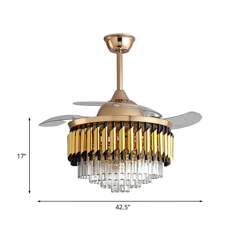 Layered Crystal Black/Gold Ceiling Fan Tapered Drum 3-Blade Postmodern LED Semi Flush Light, 42.5