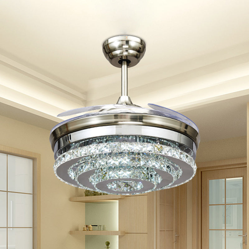 Chrome 3-Ring Flush Mount Ceiling Fan Modern Crystal 4 Blades Parlor LED Semi-Flush Mount Light, 42.5