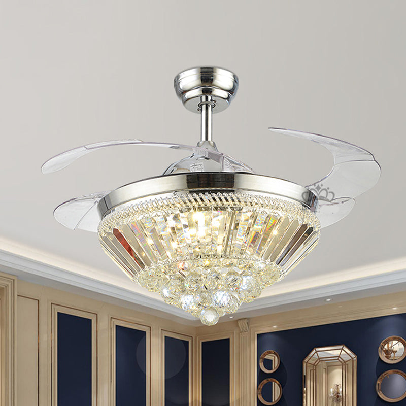 Silver Cone Shaped Ceiling Fan Light Kit Modern Crystal 3 Blades Bedroom LED Semi Flush, 42.5