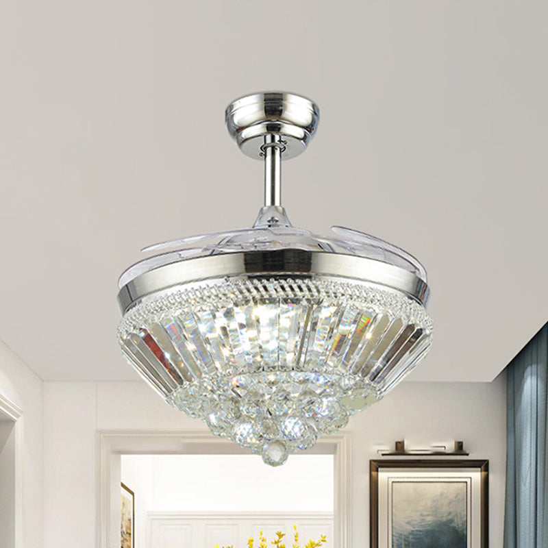 Silver Cone Shaped Ceiling Fan Light Kit Modern Crystal 3 Blades Bedroom LED Semi Flush, 42.5