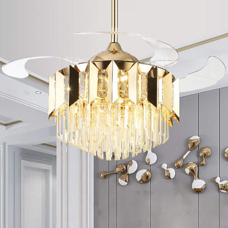 Layered Tri-Sided Crystal Rod Ceiling Fan Modern 3 Blades Living Room LED Semi Flush Light in Gold, 19