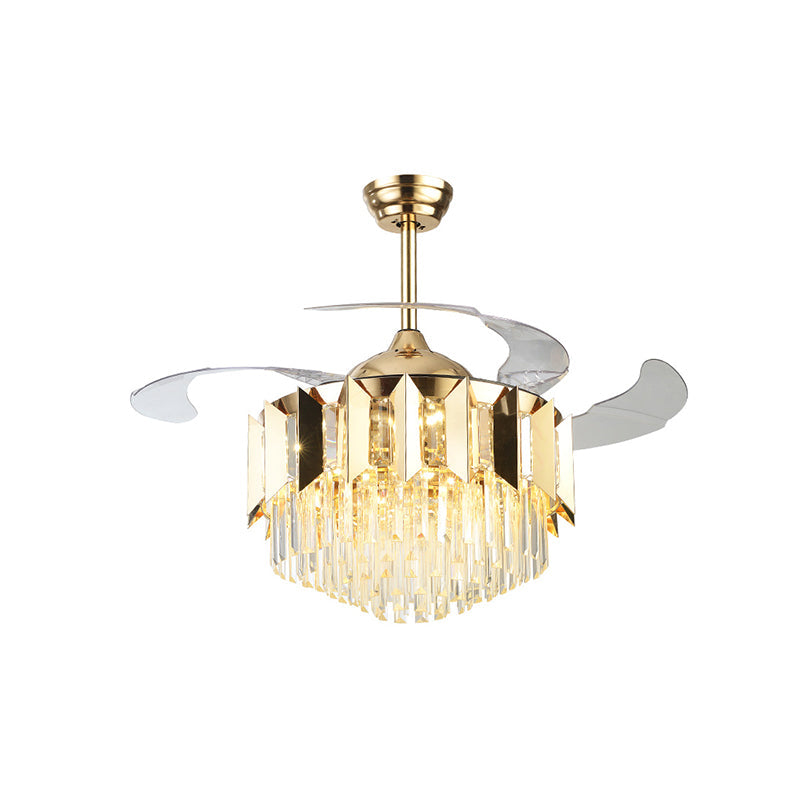 Layered Tri-Sided Crystal Rod Ceiling Fan Modern 3 Blades Living Room LED Semi Flush Light in Gold, 19