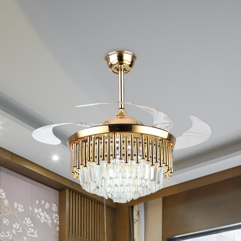 Black/Gold Layered Drum Fan Lamp Postmodern Crystal 3-Blade Dining Room LED Semi Flush Light, 19