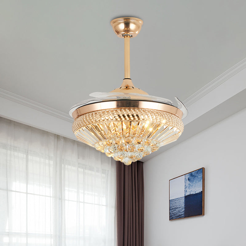 Modernism Conical Semi Mount Lighting Crystal LED 5 Blades Hanging Fan Lamp in Gold, 19.5