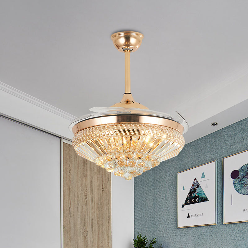 Modernism Conical Semi Mount Lighting Crystal LED 5 Blades Hanging Fan Lamp in Gold, 19.5