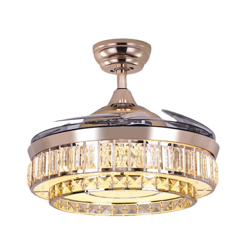 4 Blades Semi Flush with Drum Shade Crystal Contemporary Living Room Pendant Fan Lighting in Gold, 19.5