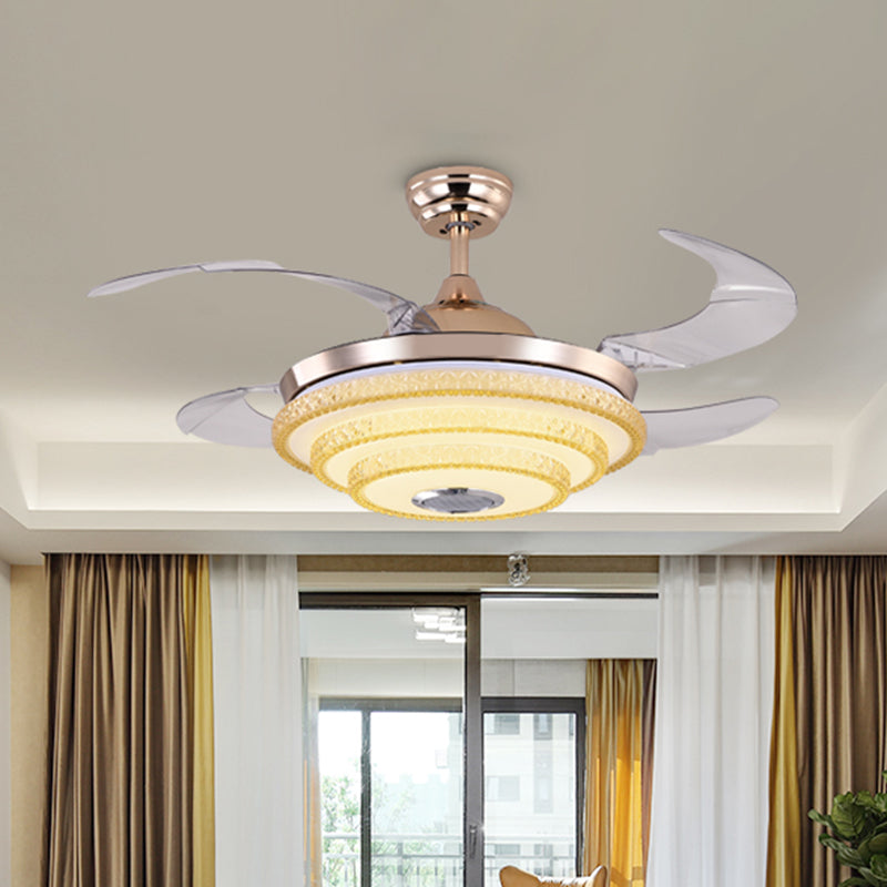 3-Layered Cone Semi-Flush Ceiling Light Modernism LED 4-Blade Crystal Hanging Fan Lamp in Gold, 19.5
