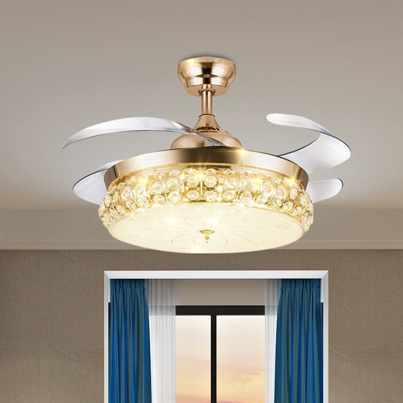 4 Blades Arch Hanging Fan Light Contemporary Gold Crystal Semi Flush Light, 19.5