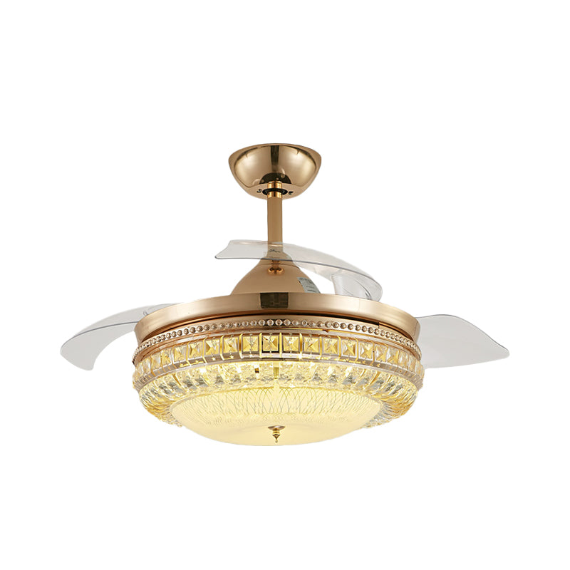 4 Blades Inserted Glass Hanging Fan Lamp Contemporary Gold Drum Living Room Semi Flush Mount Lighting, 19.5