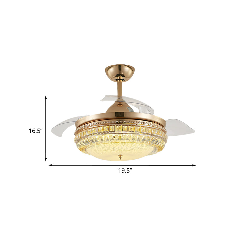 4 Blades Inserted Glass Hanging Fan Lamp Contemporary Gold Drum Living Room Semi Flush Mount Lighting, 19.5