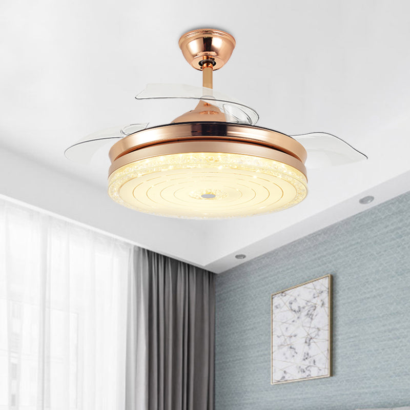 Crystal Drum Ceiling Fan Lamp Contemporary 4 Blades Dining Room Semi Flush Mount Light Fixture in Gold, 19.5