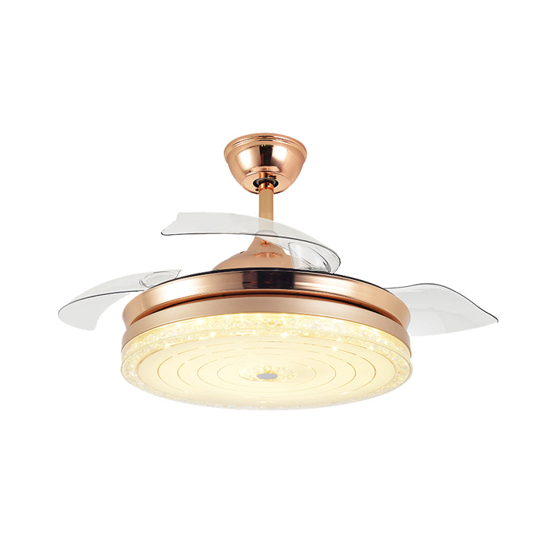 Crystal Drum Ceiling Fan Lamp Contemporary 4 Blades Dining Room Semi Flush Mount Light Fixture in Gold, 19.5