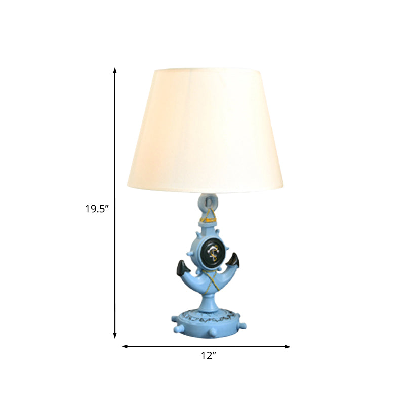 Anchor Shape Resin Night Table Light Mediterranean 1 Bulb Light Blue Desk Lamp with Barrel White Fabric Shade Clearhalo 'Lamps' 'Table Lamps' Lighting' 917866