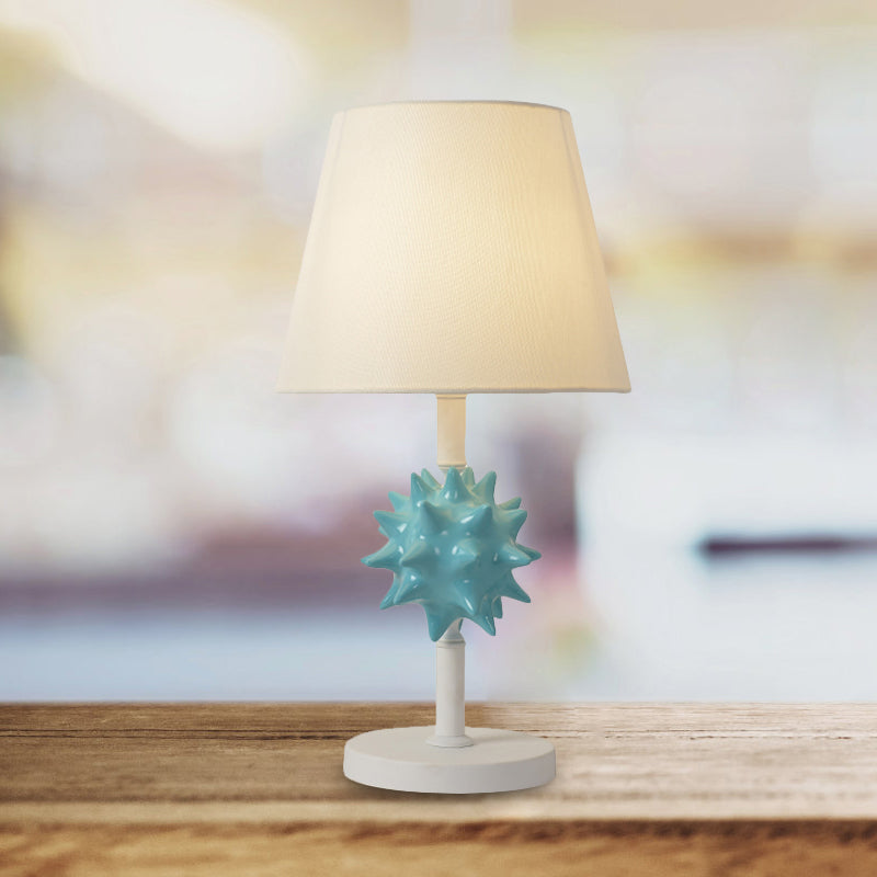 Resin Sea Urchin Night Table Lamp Cartoon Single Bulb Sky Blue/Gold/Dark Blue Nightstand Light with Barrel Fabric Shade for Bedside Sky Blue Clearhalo 'Lamps' 'Table Lamps' Lighting' 917891