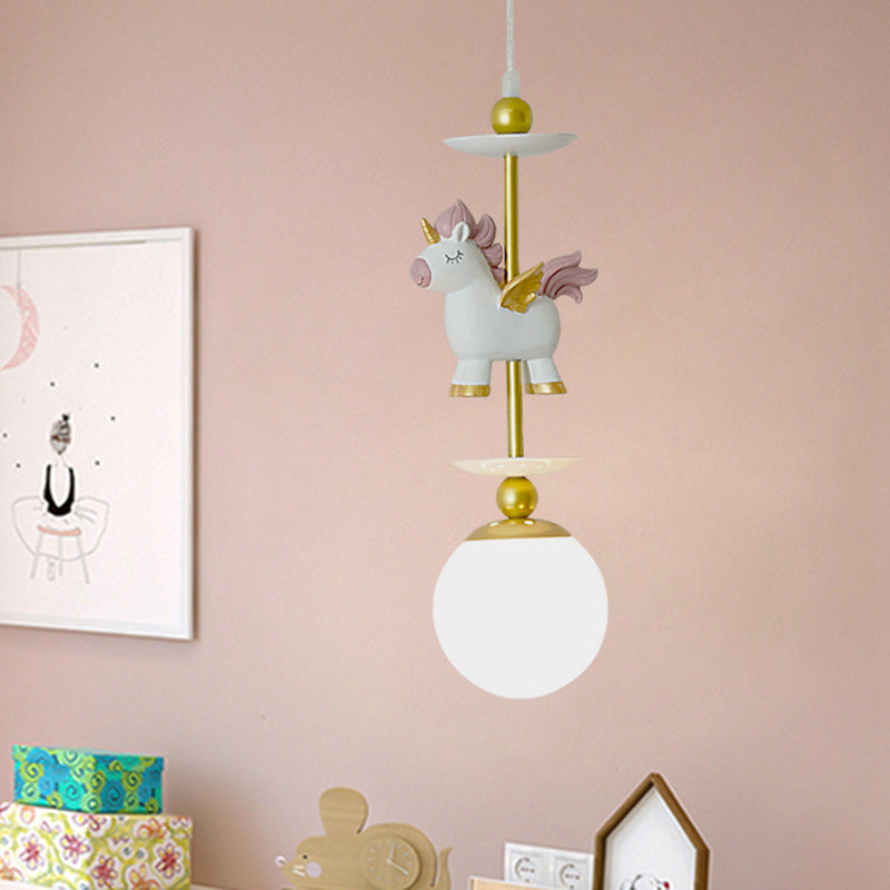 1-Light Bedside Pendant Lighting Cartoon Gold Unicorn Hanging Lamp with Sphere White Glass Shade White Clearhalo 'Ceiling Lights' 'Glass shade' 'Glass' 'Pendant Lights' 'Pendants' Lighting' 917974