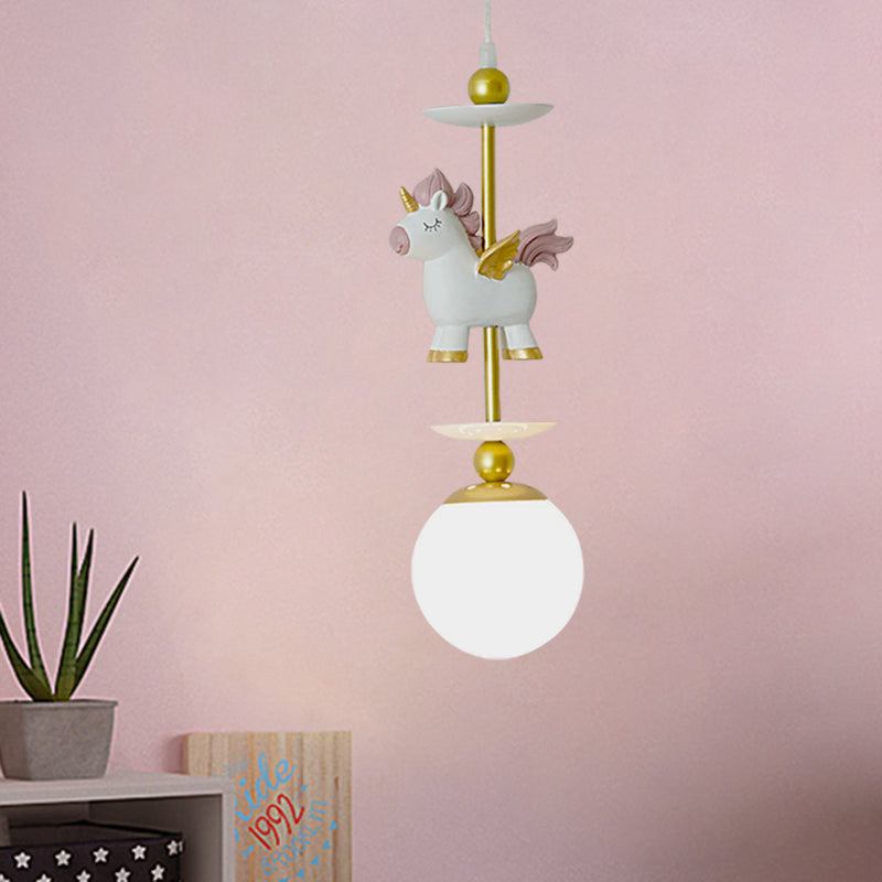 1-Light Bedside Pendant Lighting Cartoon Gold Unicorn Hanging Lamp with Sphere White Glass Shade Clearhalo 'Ceiling Lights' 'Glass shade' 'Glass' 'Pendant Lights' 'Pendants' Lighting' 917975